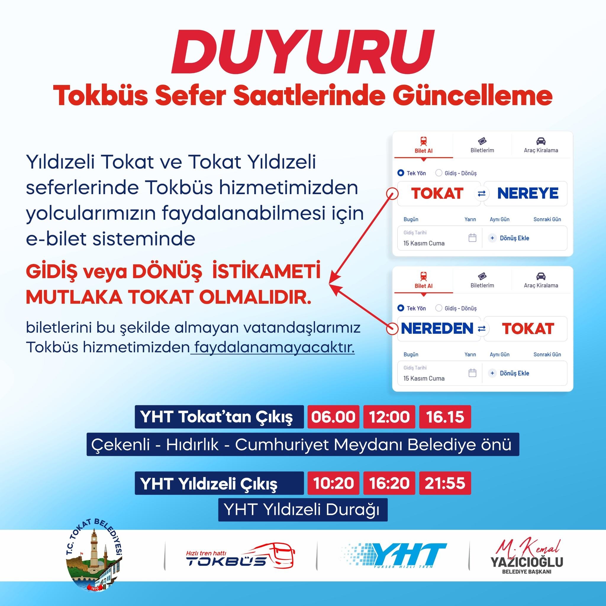 Tokat-Yıldızeli Tokbüs saatlerinde değişiklik: Yeni saatler ve bilet uyarısı